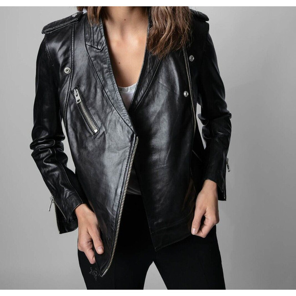 Zadig & Voltaire Loon Spi Biker Jacket Womens Small Black Lamb Leather NWT - Picture 1 of 16